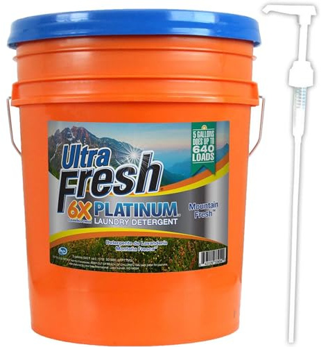 Ultra Fresh 5 Gallon Liquid Laundry Detergent Washing Soap for All Machine Types, 6X Platinum, Up to 640 Loads, Mountain Fresh