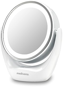 Medisana CM 835 Espejo cosmético con iluminación LED, Espejo de mesa con aumento de 5x, Espejo de maquillaje, Doble cara, Giratorio 360°, Blanco, 40x30 cm