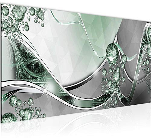 Runa Art Wandbild Abstrakt 1 Teilig 100 x 40 cm Modern Bild auf Vlies Leinwand Diamant Wohnzimmer Schlafzimmer Silber Grün 109112b