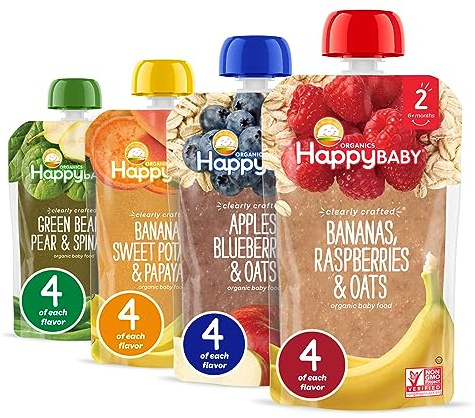 Happy Baby Organics Stage 2 Baby Food Pouches, Gluten Free, Vegan & Healthy Snack, Clearly Crafted Fruit & Veggie Puree, Fruit & Veggie Variety Pack, 4 Ounces (Pack of 16), Amazon Exclusive