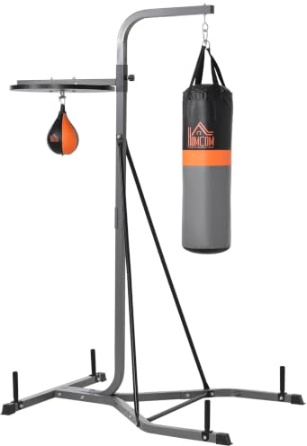HOMCOM Saco de Boxeo Colgante 2 en 1 Altura Ajustable 115x157x221 cm Gris | Saco de Suelo de Pie con Soporte, Bola de Velocidad, 167-187 cm, Inflador, para Ejercicios Fitness, Casa Gimnasio