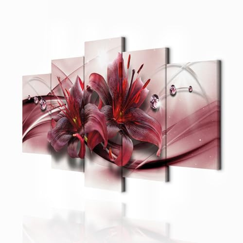 decomonkey Wandbilder Lilie Abstrakt 100x50 cm 5 Teilig Leinwandbilder rot | Bild auf Leinwand, Kunstdruck, Wanddeko, Wohnzimmer, Wanddekoration, Blumen