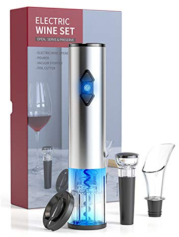 HIOD Abridor de Vino Eléctrico Abridor de Sacacorchos Eléctrico Automático para Botellas de Vino con Cortador de Papel para Vino, Juego de 4 Piezas,