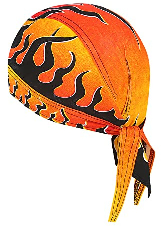 DANLCUPL DOO Rags Dew Rag Skull Cap Pirate Hat Cycling Bandana Motorcycle Biker Cooling Head Wrap Beanie Helmet Liner, Fire Flames Orange Yellow, One Size