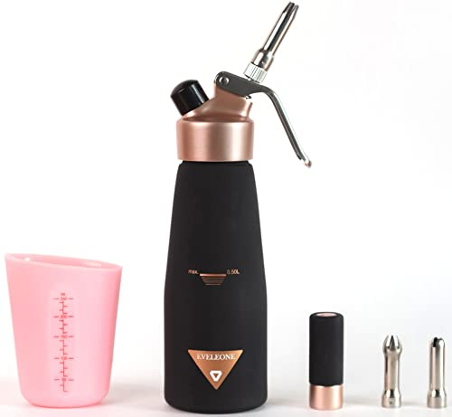 Professional Whipped Cream Dispenser with Stainless Steel holder - Heavy-Duty Whip Cream Dispenser - Whipped Cream Maker Canister with Silicone Measuring Cup Cleaning Brushes and Stainless Metal Tips