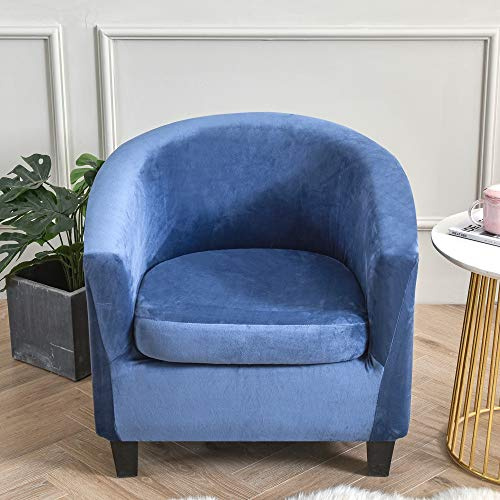 Highdi Sesselschoner 2 Teilige Samt Plüsch Sesselbezug, Stretch Tub Chair Sesselhussen mit Armlehne, Club Sesselüberwurf für Clubsessel Loungesessel Cocktailsessel (Dunkelblau)