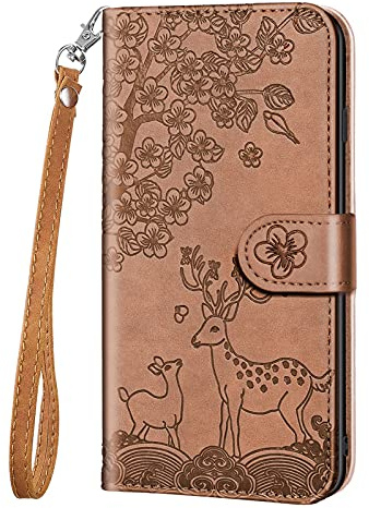 Aisenth Handyhülle für Huawei P30 lite, Blumen Hirsche Muster PU Leder Handytasche Kitz Rotwild Brieftasche Magnetisch Klapphülle Etui Schutz hülle mit Kartenfächer, Aufstellfunktion -Braun