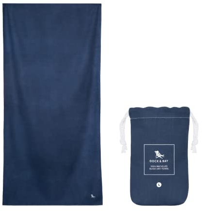 Dock & Bay Beach Towel - Quick Dry, Sand Free - Compact, Lightweight - 100% Recycled - Includes Bag - Essential - Deep Sea Navy - Large (160x90cm, 63x35)