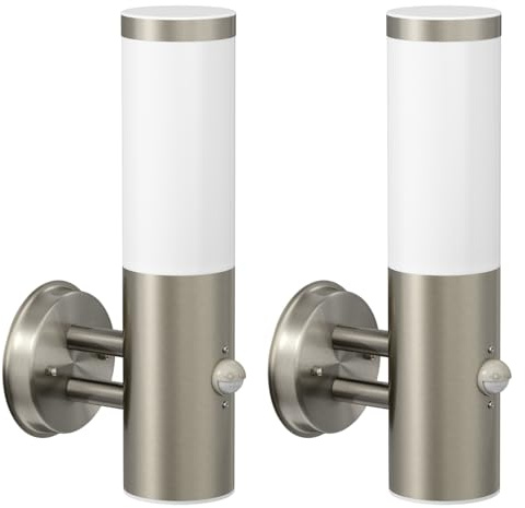 ledscom.de 2x Wandleuchte PORU für außen, IP44, Bewegungsmelder, Edelstahl, edelstahl matt, rund, 1x E27 max. 15W