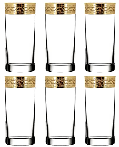 Highball Glasses Set of 6 with Gold Rim and Heavy Base/Tumbler Drinking Glasses Decorated with Unique Gold Ornament/Gift for Women, Men - 300ml (Classic Style)