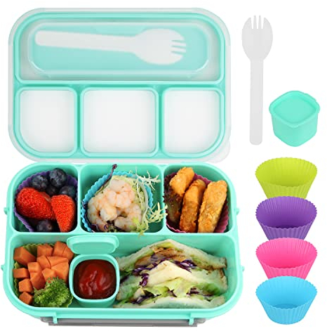 MaMix Bento Box for Kids, Lunch Box Kids, Lunch Containers for Adults,4 Compartment Leak-Proof with Sauce Snack Pot Cutlery (Green)
