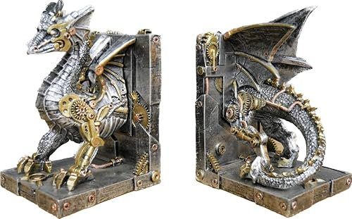 Venture Vehicles Mechanical Cog Steampunk Style DRAGON Gothic Mythical Fantasy Book Shelf BOOKENDS, Gold, silver (7435-2)