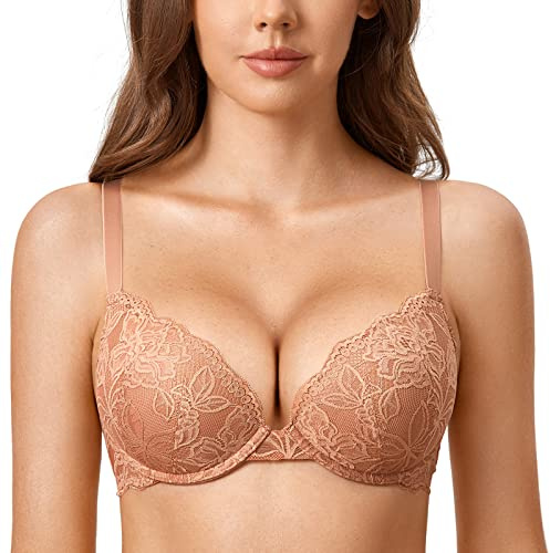 DOBREVA Push up-bh med spets för kvinnor Sexy Plunge Vadderad bygelhållare Stödbehå Lift up Grädde kaffe 70D