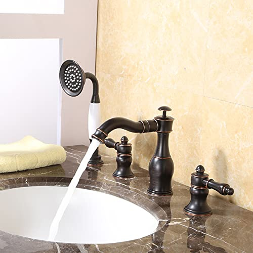 TAVCHA Wannenrandarmatur 4-Loch Badewannen-Armatur Doppelgriff Badezimmer Armatur Set mit Handbrause Bifunktional Wannenrand Badewanne Armatur Set,Schwarz Retro