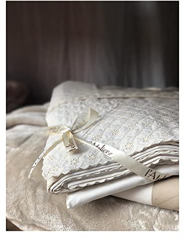 L'ATELIER 17 Completo Letto Matrimoniale Primaverile, Boutis lenzuoli Estivi in Puro Cotone con Pizzo San Gallo Corinne Prodotto Artigianale Cucito a Mano Made in Italy 5 Varianti Bianco