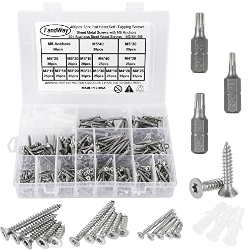 FandWay 400 Stück Torx Selbstschneidende Schrauben,Edelstahl A2-70 Senkkopf schrauben,Blechschrauben M3/M4/M5 Holzbauschrauben Sortiment mit 3 Stück Bits und M6 Anker.