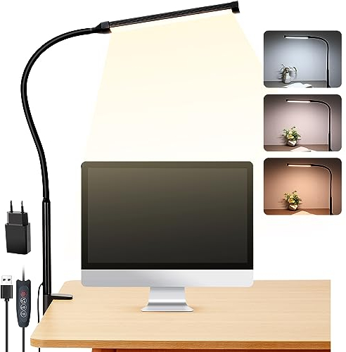 LIBORA Schreibtischlampe LED Klemmbar, Dimmbare Schreibtischlampe mit 3 Farben und 10 Helligkeitsstufen, Tageslichtlampe Schreibtisch Lampe, Augenschonende Klemmleuchte, Schwarz