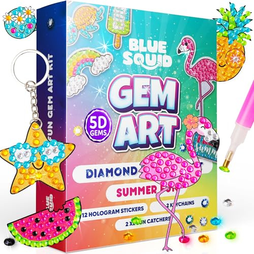 Blue Squid Diamond Art for Kids – Summer Theme - Fun & Easy DIY 5D Gem Art Kits Kids Gift Set for Gem Keychains, Stickers, Sun Catchers - Diamond Painting for Kid Girls, Boys Ages 6-12