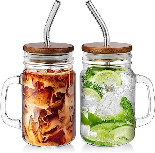 DRASTAR Iced Coffee Cup, 16 oz Mason Jar Cups with Handle, Glass Coffee Mugs with Straws and Acacia Lids, Drinking Glass Cups Set of 2, Smoothie, Overnight Oats Containers