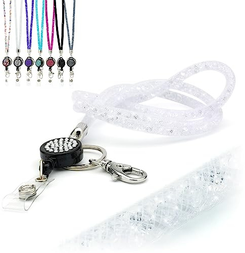 CKB LTD Funkelndes Umhängeband mit Strasssteinen, glitzernd, mit drehbarem Metallclip und glitzerndem einziehbarem Ausweishalter, 1 Stück