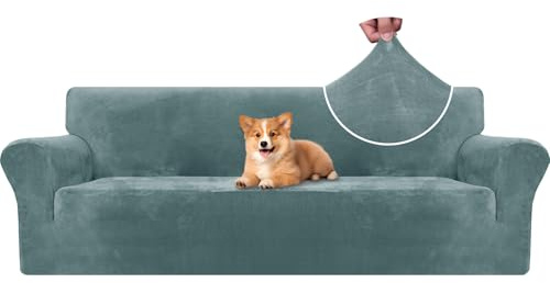 CYCMACO Samt Sofa Überzug 4 Sitzer, Sofabezug Elastische, Couch Überzug Haustier Katze Hunde, Universal Sofa Cover Moderne, Sofahusse Mit Armlehnen, Sofaschoner rutschfest, Grau Blau