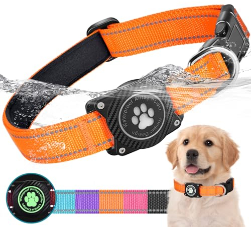 Ytanest Leuchtend Wasserdicht Airtag Hundehalsband, Verstellbar Reflektierend Air Tag Halter Halsband Reflektierend für Kleine Mittler Große Hund, Orange, L