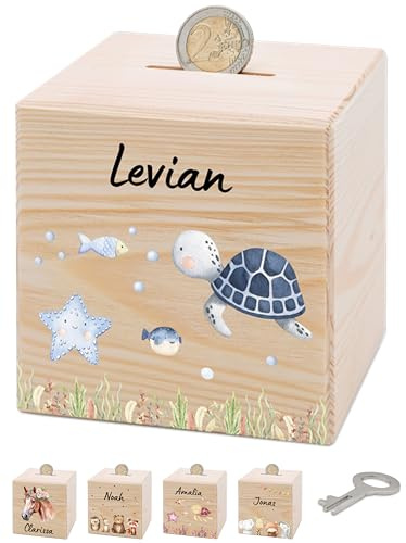 Bärenfreunde® - Personalisierte Spardose Kinder aus Holz mit Metallschloss - Spardose mit Namen mit kinderfreundlichem UV-Druck zum Sparen für Kinderträume (Schildkröte blau)