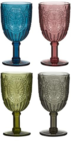 Dibor Wine Glasses Set of 4 Embossed Vintage Style Wine Goblet Glassware Set Dishwasher Safe Wine Glass Set Colourful Footed Chalice Tumblers Alfresco Dining Glassware