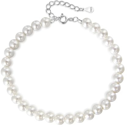 Candyfancy Perlenarmband Damen Weiße Runde Simulierte Perlen 16+3cm Verstellbare Lange Perlen Armband für Damen Frauen Geschenke, Perlen 4mm/5mm