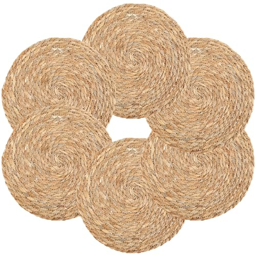 6 Stück Geflochtene Runde Ttischsets 35 cm Weich Platzsets Geflochten Platzset aus Seegras - Wasserhyazinthe Platzset Rund Gewebt Untersetzer Isolierpads für Drinnen Draußen (35cm)