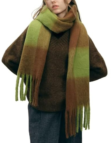 MININAI Women Chunky Plaid Scarf Oversized Big Grid Tassel Large Wrap Scarf Soft Fall Winter Thick Warm Shawl Scarves (Brown Green)