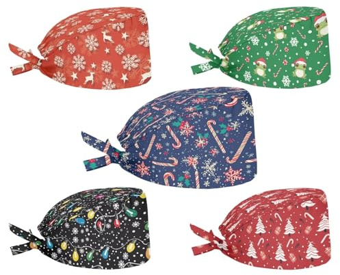 UOIMAG Holiday Scrub Mützen mit Schweißband, modische Haarabdeckung, Kopfbedeckung, 5 Stück, Weihnachts-Schneeflocken, Frosch, Süßigkeiten, Einheitsgröße