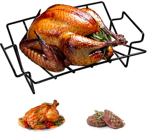 Mikim Stainless Steel Roast Rack for Grilling and Smoking, BBQ Rib Rack Chicken Turkey Roasting Rack, Dual Purpose Extra Large Fit for Big Green Egg and Kamado Joe Etc