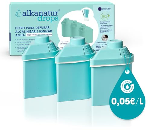 Pack 3 Filter 400L Pro Filter für Alkanatur Drops Wasserfilter kanne – Reduzierte Magnesiumabgabe – Ideal für Hartes Wasser – Entfernt Chlor und Schwermetalle – pH 9 Alkalisches Wasser