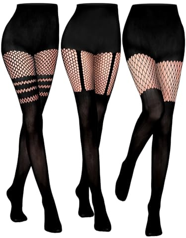 Jansun 3 Pairs Womens Faux Thigh High Fishnet Stockings Women Fishnet Tights Patterned Pantyhose Over the Knee Goth Striped Suspender Tights