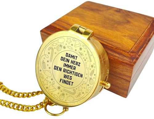 Personalisierter Kompass mit Gravur Wunschmotiv Weihnachten und Wunschtext Name Diverse Designs Messing Ledertasche Geschenkbox Geschenkidee (Poliert)