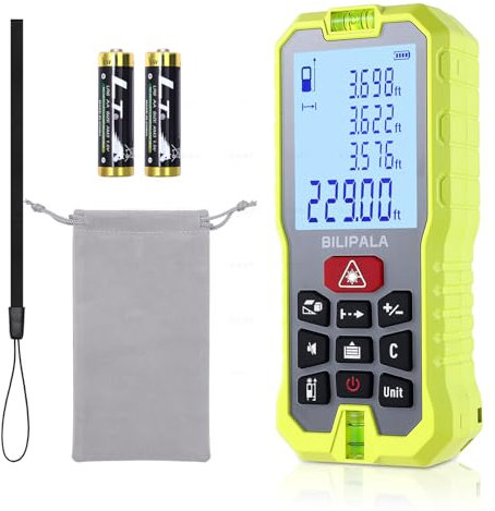 BILIPALA Laser Entfernungsmesser 70 m, Lasermessgerät mit Compaktes und LCD-Hintergrundbeleuchtung, 2 Wasserwaagen, Tragbarer Lasermessgerät M/In/Ft Umschaltung, Fläche, Volumen, Pythagoräisch(Rot)