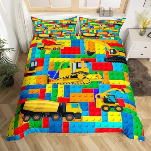 QBIDCSX Bettwäsche 135x200 Bagger Kinderbettwäsche Bettwäsche Set für Kinder Mädchen, Weiche Mikrofaser Bettbezüge 135x200 cm mit Reißverschluss + 2 Kissenbezug 80x80 cm