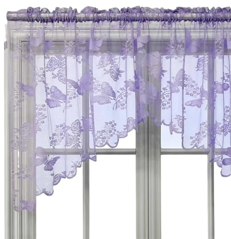 MOHUIED Gardinen kurz Kurzer Volant-Vorhang mit besticktem Schmetterling im Landhausstil for die Küche, kleines Fenster, halbe Gardinenstange, Tasche Oben(Purple)