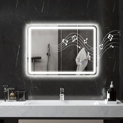 HOMCOM Badspiegel mit Beleuchtung Memory-Funktion Uhr 50x70 cm Silber | LED Spiegel, Wandspiegel, Bluetooth-Musikfunktion, 3 Lichtfarben, Beschlagfrei, Lichtspiegel, Touchschalter