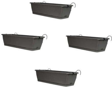 Planters Pride Ovaho 4-Pack of 60cm Hanging Plastic Troughs, Stone Grey | 26L Railing Planters with Hooks & Water Reserve | Self-Watering Fence Pots with Removable Saucer | Over-Fence Balcony Planters