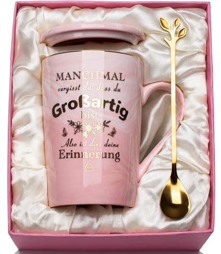 Geschenke für Frauen, Geburtstagsgeschenk für Frauen Tasse 400ml, Geschenk Freundin Geschenk Frauen Geburtstag Rosa Marmor Kaffeetasse, mit Goldaufdruck, Deckel, Löffel (Großartig)