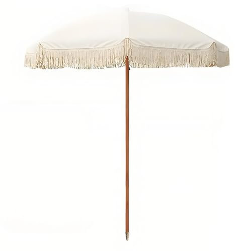 Tragbarer Strandschirm im Boho mit Quasten, Gartenschirm aus Baumwolle UPF 50+, Outdoor-Sonnenschutz mit 8 Streben, Ohne Ständer