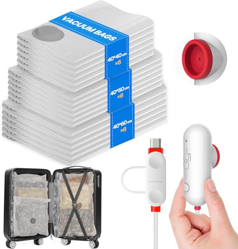 Vacbird Sacchetti sottovuoto per vestiti con pompa USB compatta, 18 sacchetti per vestiti da viaggio (sigillo sottovuoto più forte | USB-A/C | leggeri), ideali per viaggi, conservazione e traslochi
