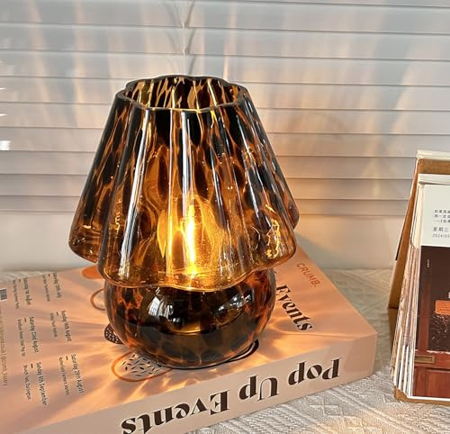 AFORTLO Battery Powered Mushroom Table Lamp with Timmer,Cordless Small Atmosphere Glass Table Lamp,Portable Decovative NightLight for Corner/Entryway/Stairway/Bathroom/Fireplace (Black Flower)