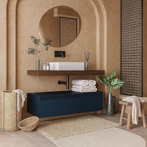 exagonshop Mobile Bagno 80x50 Tabacco Blu Opaco Oasy con Top e lavabo da appoggio