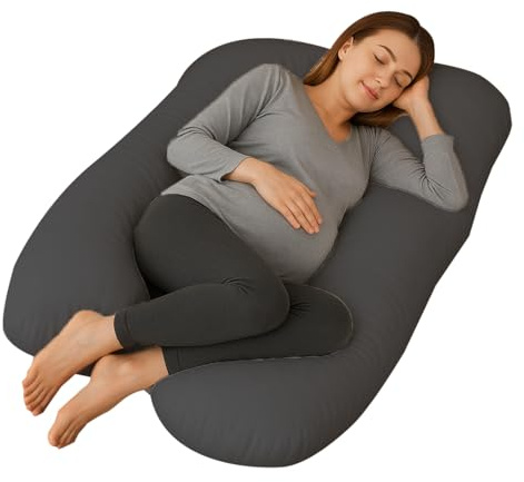 HALVERIA® Almohada Embarazada Gris Oscuro | Almohada Cuerpo Completo Forma U | Cojín Maternidad Dormir y Lactancia | Funda Terciopelo Extraíble y Lavable | 145x70 cm | Universal y Ergonómica