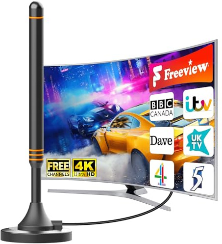 Indoor TV Aerial for Freeview HD – Long Range 360° Digital TV Antenna with Magnetic Base, 4K/1080P Ready Indoor Aerial for Smart & Older TVs, Easy Setup, 5m Coax Cable, Free UK Channels