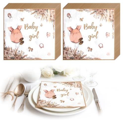 TMZELOA 40 Stück Babyparty Deko Servietten Babyparty Mädchen, Baby Girl Rosa Papierservietten 33x33cm für Tischdeko Baby Shower Deko, Party Servietten für Taufe Mädchen, Gender Reveal Geburtstag