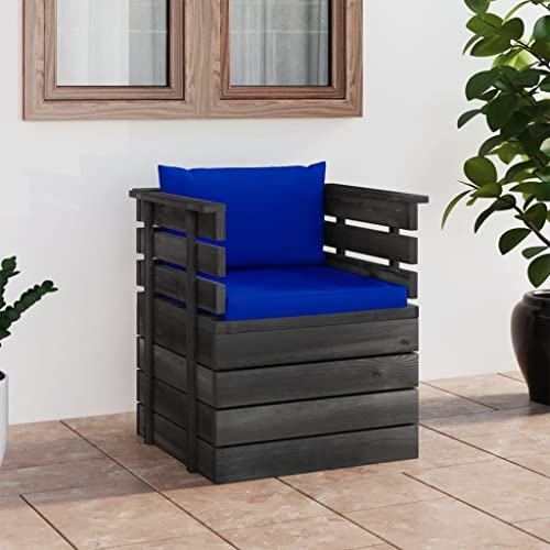LoogCape Gartensessel mit Kissen, Kiefernholz Massiv, Blaues Polster, 70x65x71.5 cm, Robustes Outdoor Lounge Möbel für Garten, Terrasse, Balkon, Wohnzimmer, Entspannung